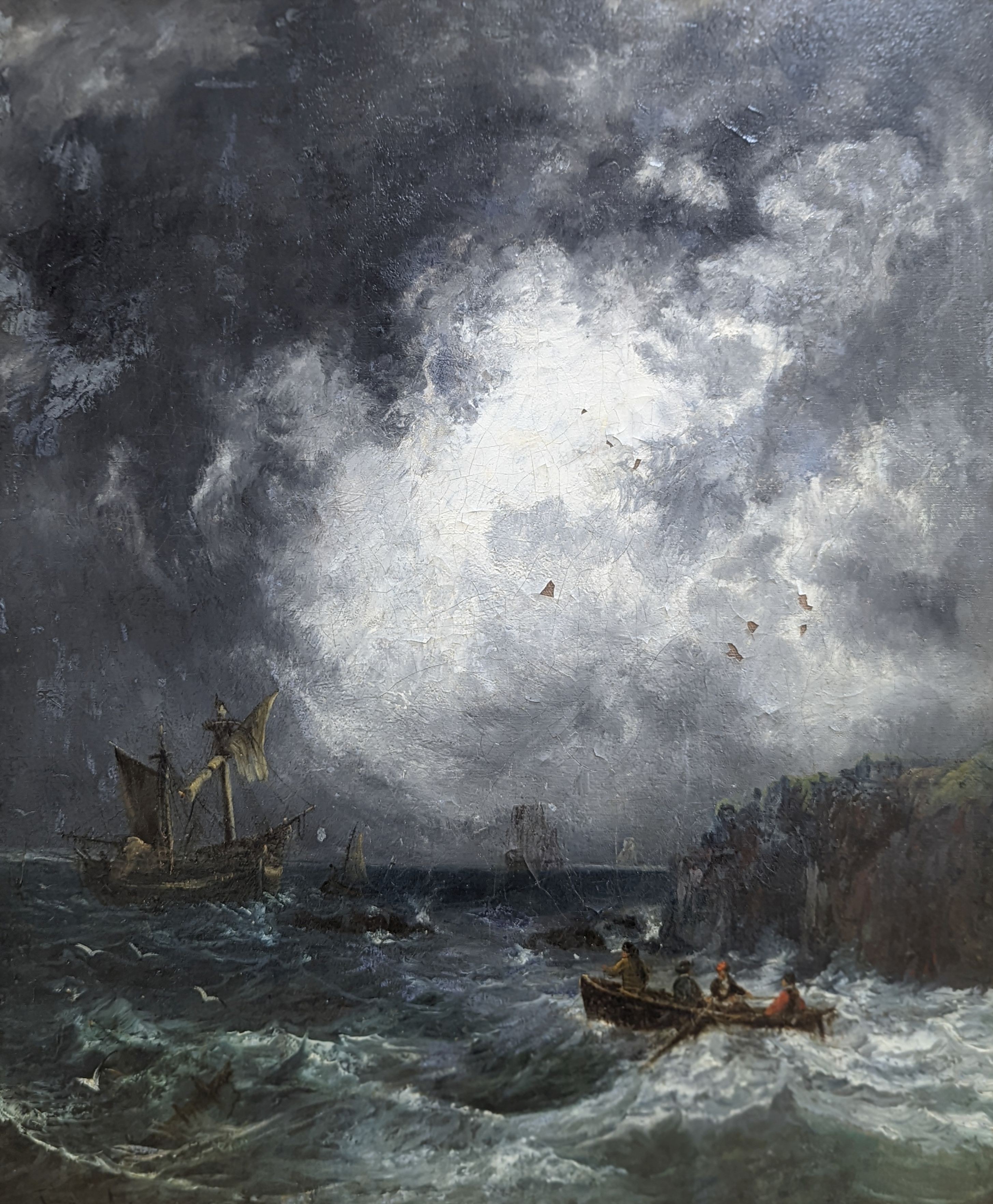 Samuel Bough (1822-1878), oil on canvas, Stormy coastal landscape with rowing boat setting out to a distressed ship, signed, 60 x 50cm